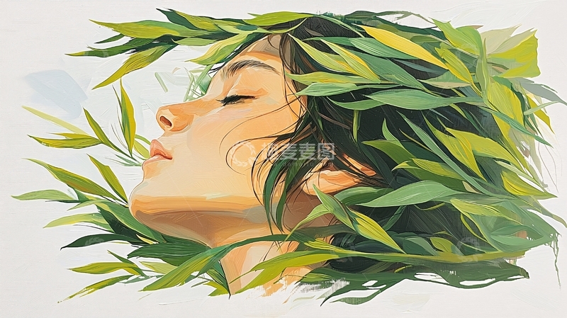 高清大图下载【趣麦麦图】绿色植物环绕的女性肖像