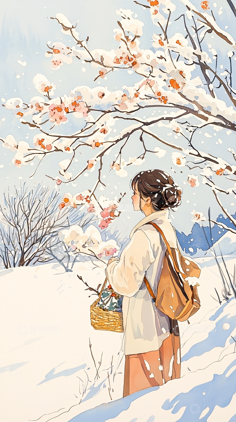高清大图下载【趣麦麦图】雪中赏花的女子
