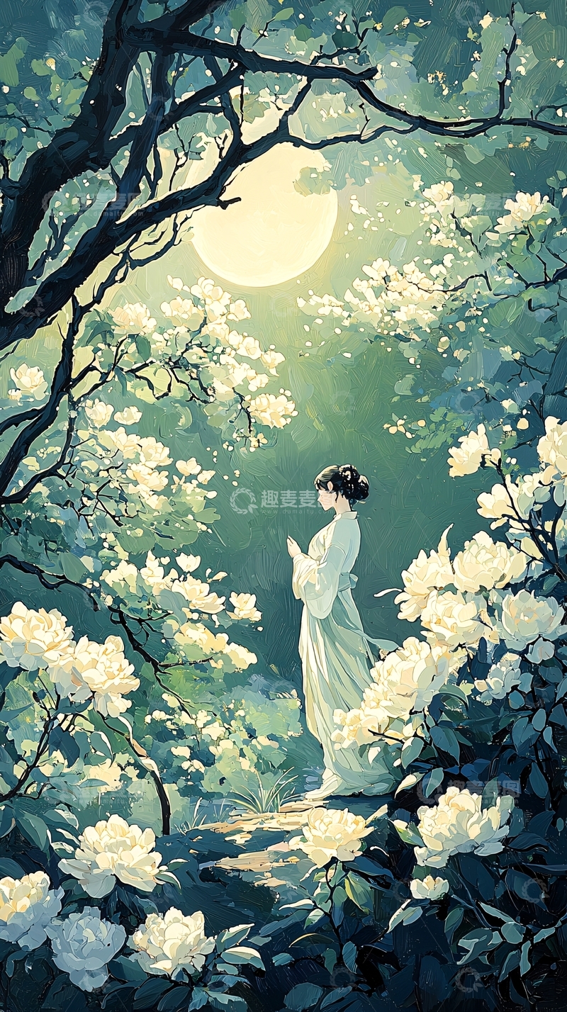 高清大图下载【趣麦麦图】月下花影古风女子