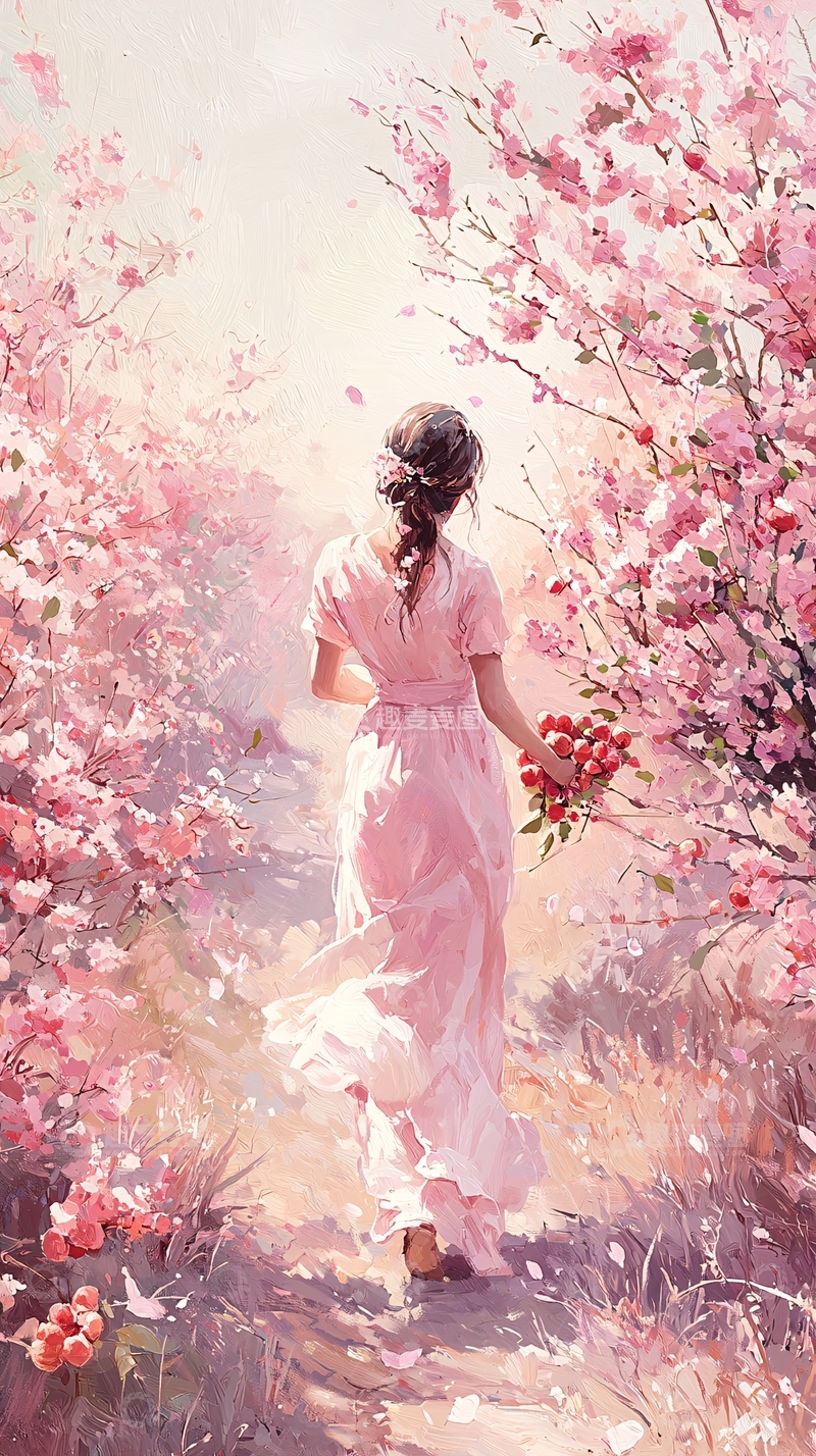 高清大图下载【趣麦麦图】樱花树下漫步的女孩
