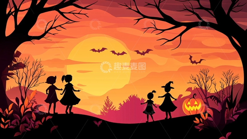 高清大图下载【趣麦麦图】万圣节夜晚孩子们看南瓜灯