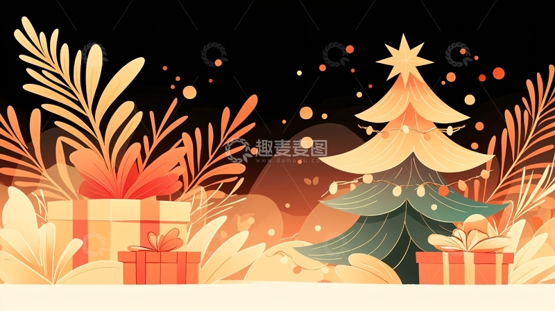 高清大图下载【趣麦麦图】圣诞节礼物和树的插画