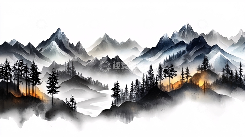 高清大图下载【趣麦麦图】水墨山水画风格的山林风景图