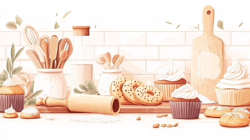 高清大图下载【趣麦麦图】手绘风烘焙美食器具静物