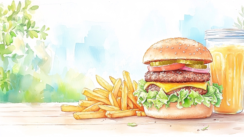 高清大图下载【趣麦麦图】水彩风格汉堡和薯条