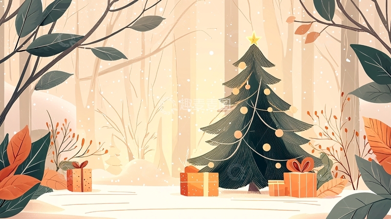 高清大图下载【趣麦麦图】圣诞树与礼物盒的唯美场景