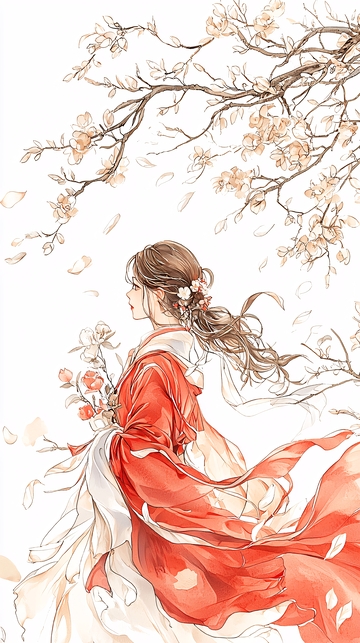 秋日花影下的红衣女子