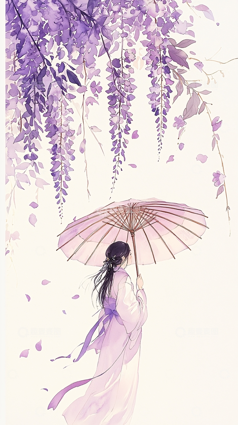 紫色藤蔓下的女子撑伞图