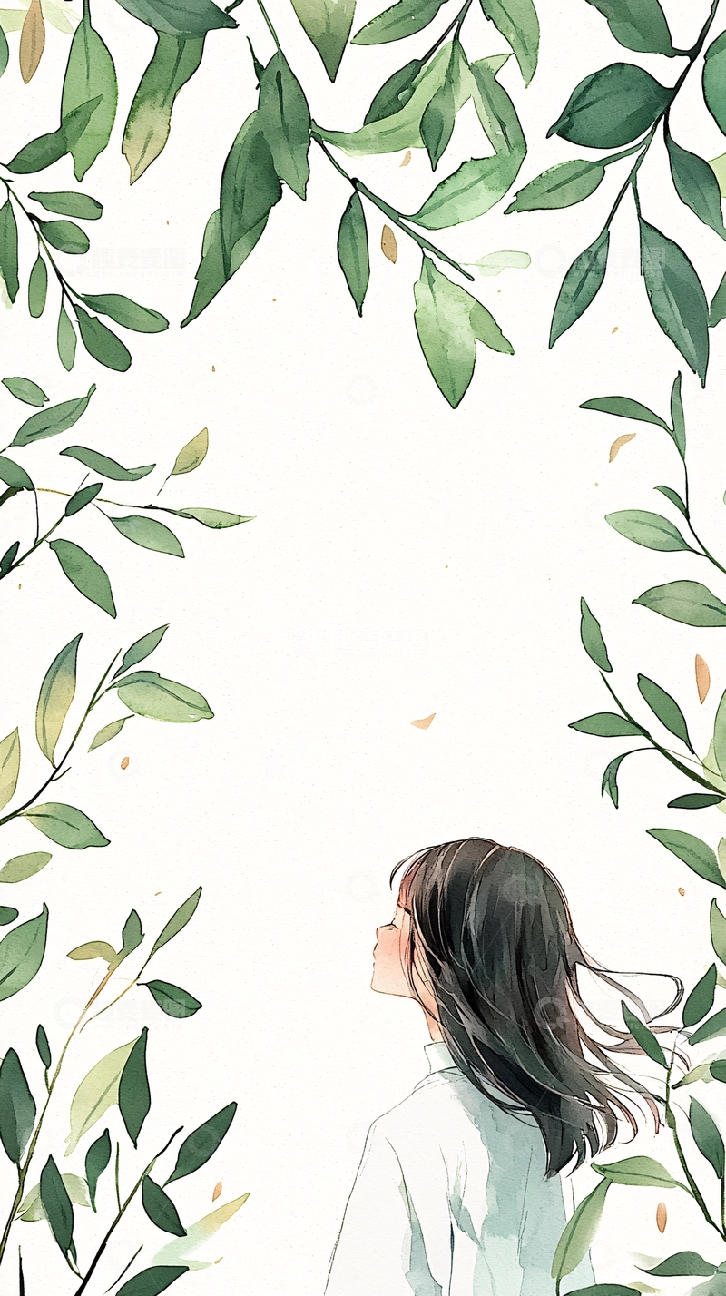 高清大图下载【趣麦麦图】秋日女孩与绿叶背景