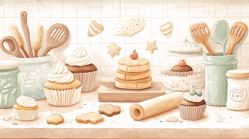 高清大图下载【趣麦麦图】烘焙美食静物场景插画