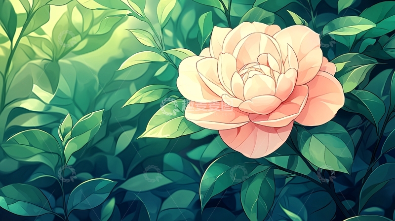 高清大图下载【趣麦麦图】粉红色花朵与绿色叶子背景