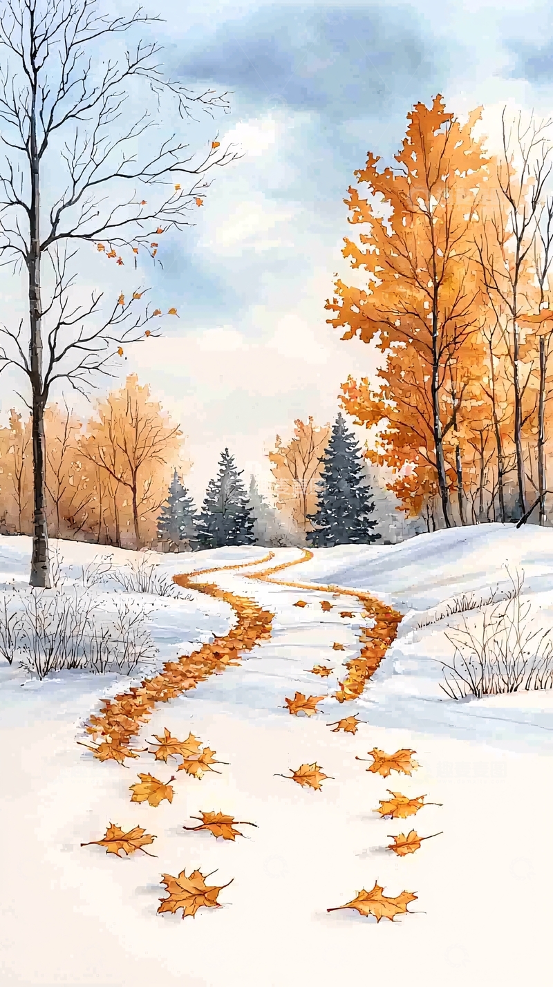 高清大图下载【趣麦麦图】冬日落叶小径