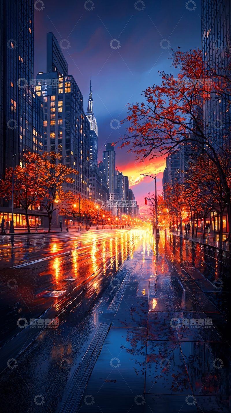 高清大图下载【趣麦麦图】秋雨中的城市夜景