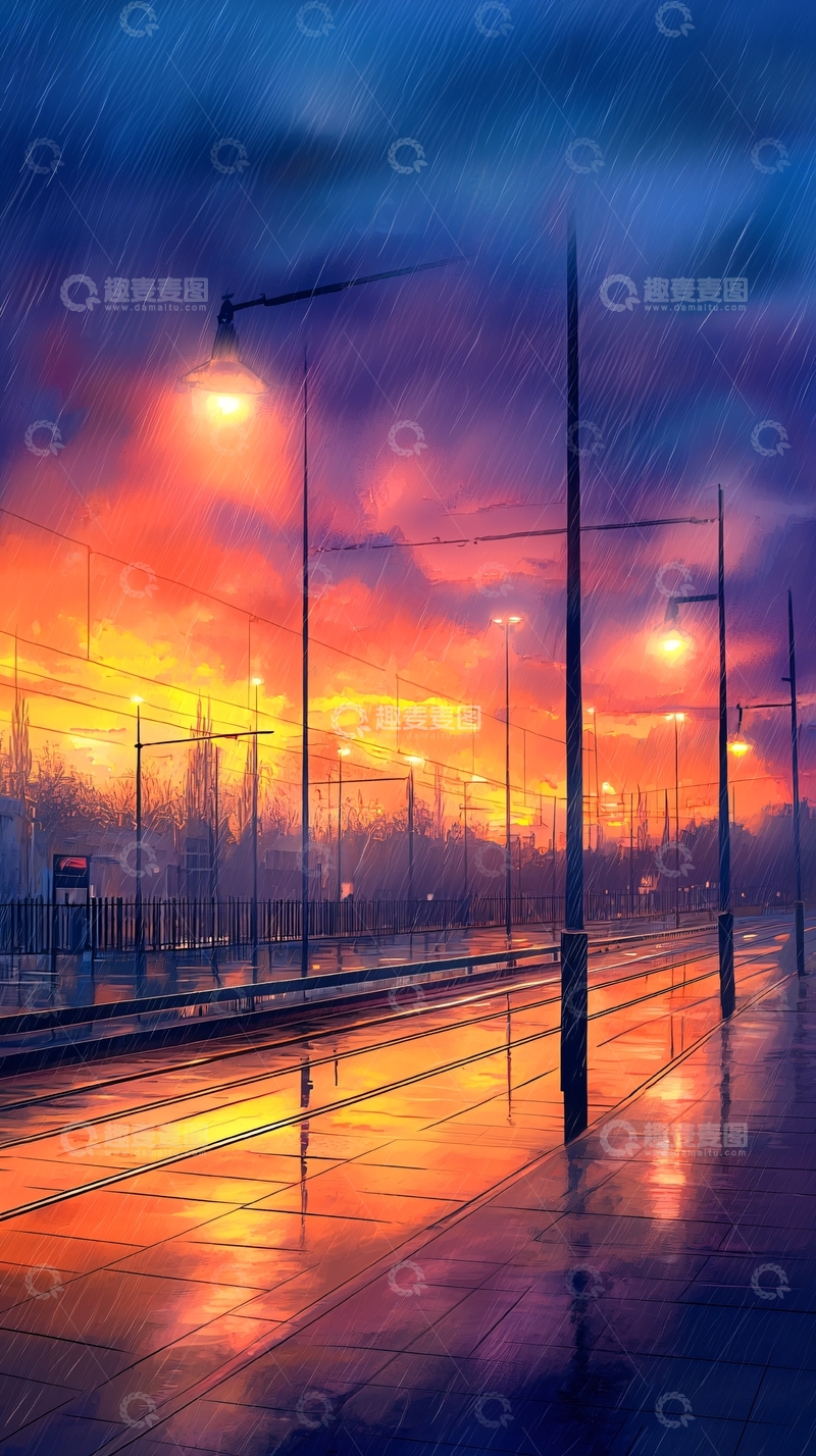 高清大图下载【趣麦麦图】雨夜街灯下的城市风景