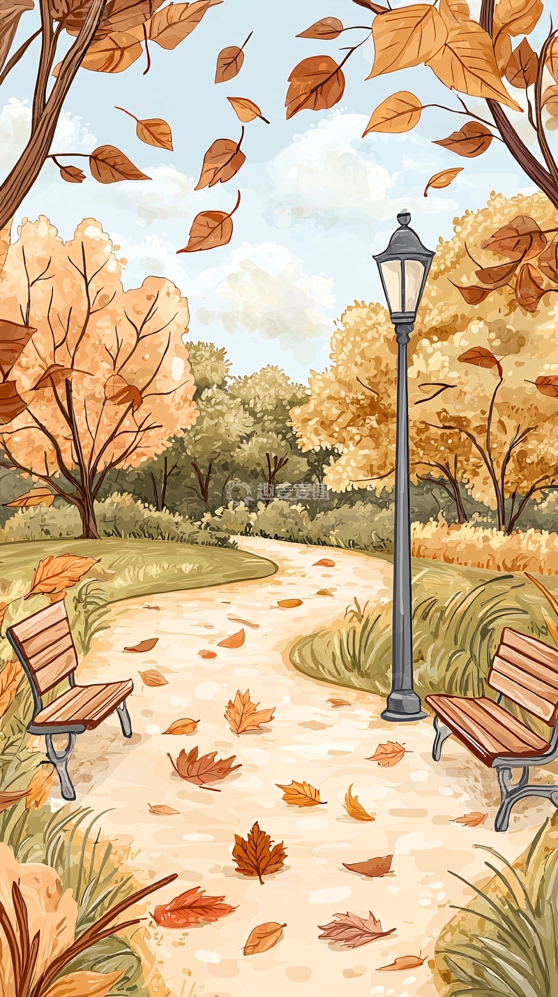 高清大图下载【趣麦麦图】秋日公园落叶场景