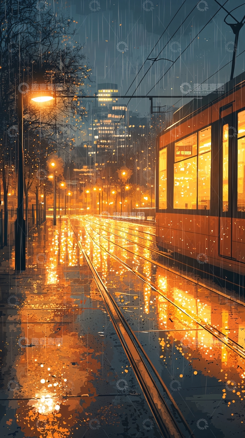高清大图下载【趣麦麦图】雨夜电车站高清图片