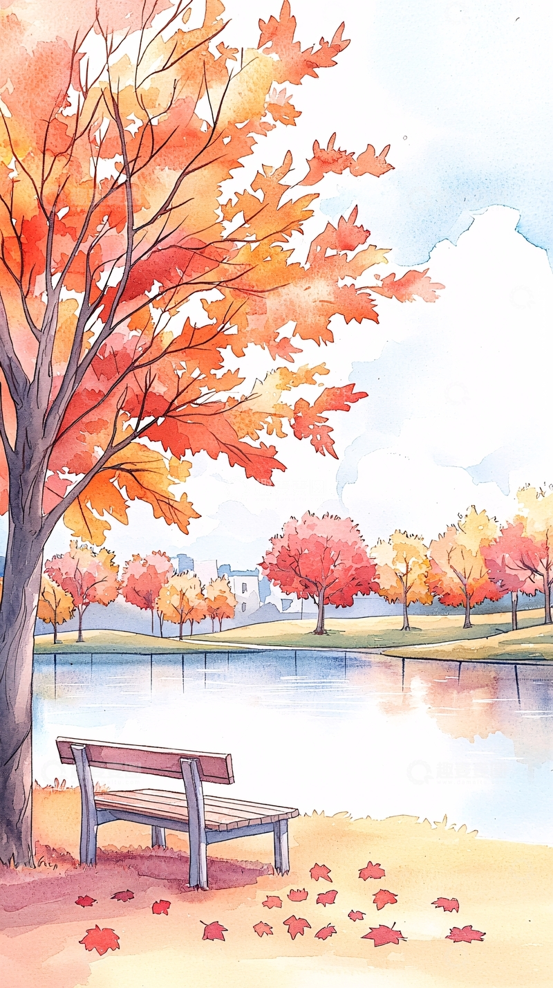 高清大图下载【趣麦麦图】秋日湖畔静谧长椅