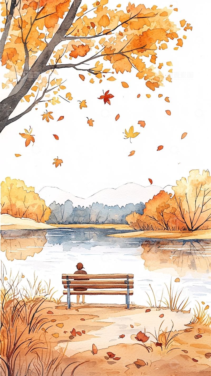 高清大图下载【趣麦麦图】秋日湖畔独坐图