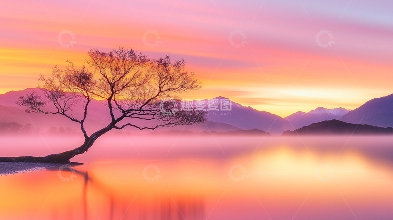 高清大图下载【趣麦麦图】晨雾中的孤树与雪山