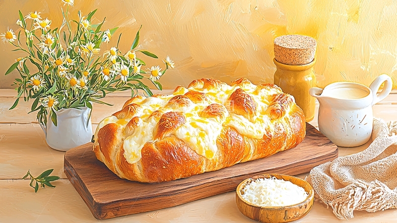 高清大图下载【趣麦麦图】金黄色面包与花束的温馨早餐