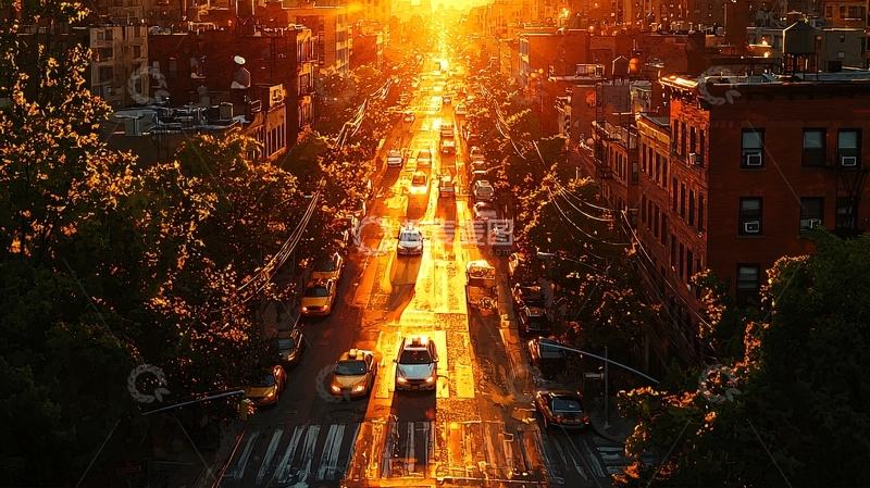 高清大图下载【趣麦麦图】夕阳下的城市街道