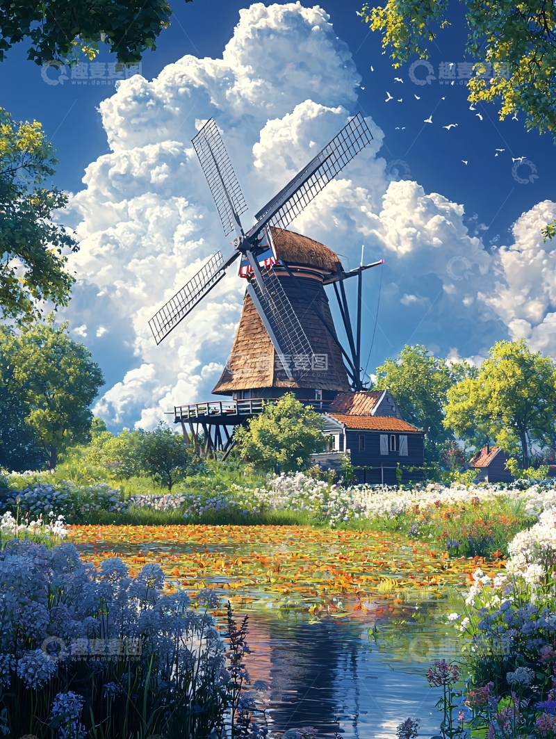 高清大图下载【趣麦麦图】荷兰风车田园风光