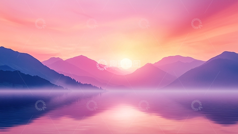 高清大图下载【趣麦麦图】日出湖畔山影宁静