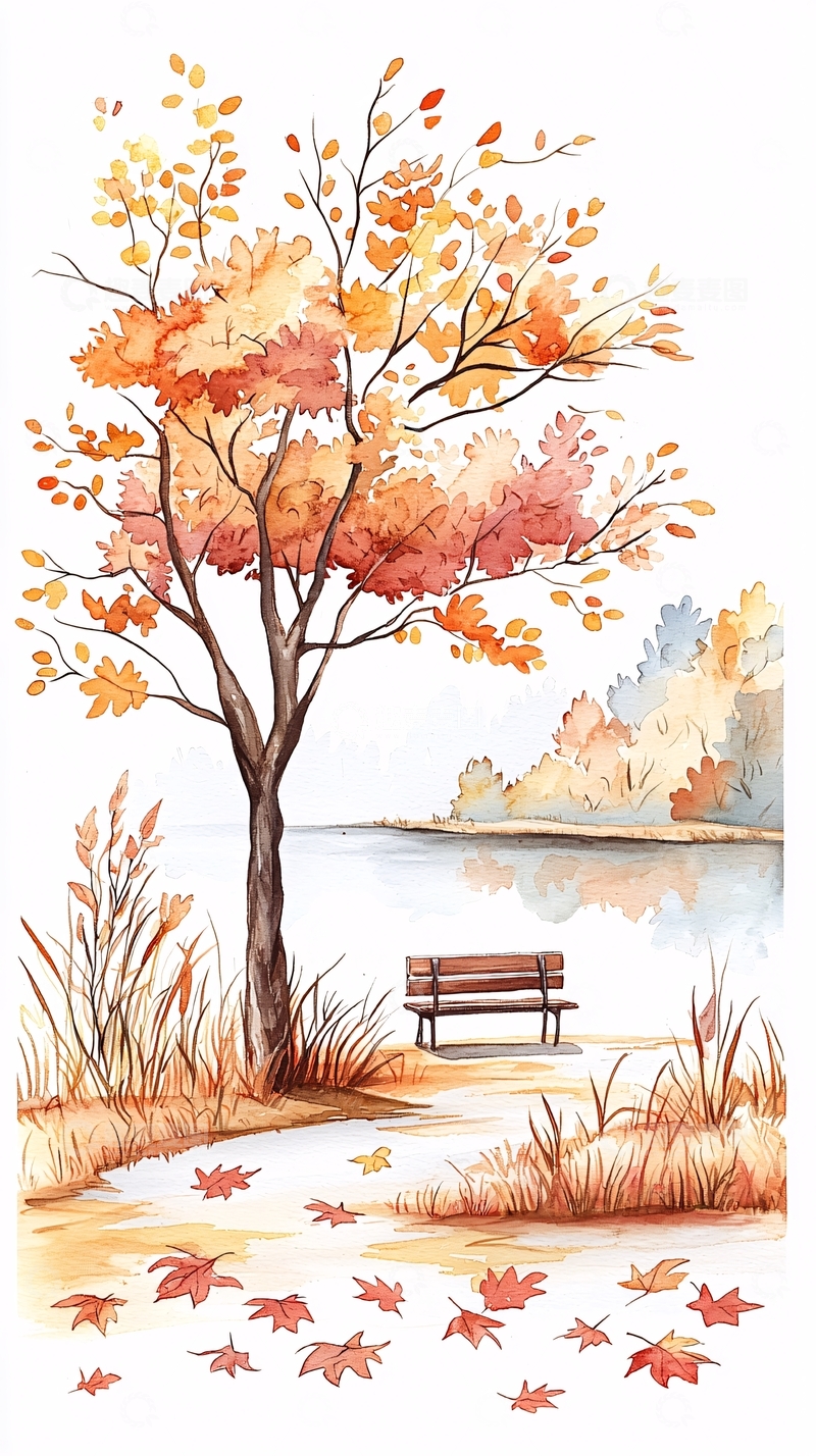高清大图下载【趣麦麦图】秋日湖畔落叶长椅