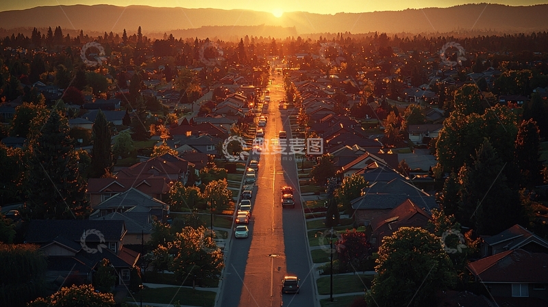 高清大图下载【趣麦麦图】夕阳下的住宅区街道