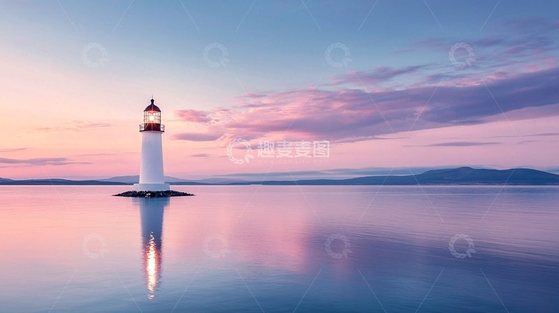 高清大图下载【趣麦麦图】夕阳下的灯塔与宁静海面