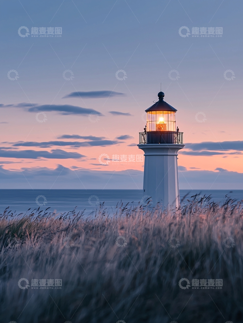 高清大图下载【趣麦麦图】夕阳下的灯塔与海景