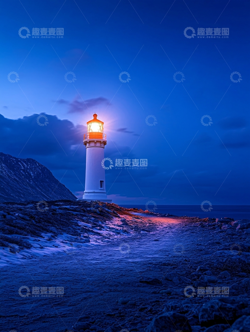 高清大图下载【趣麦麦图】夜幕下的灯塔与海岸