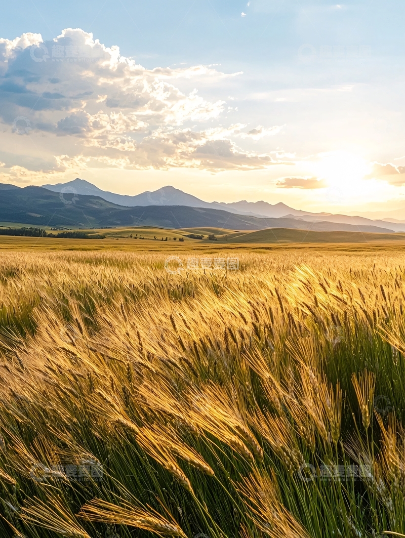 高清大图下载【趣麦麦图】金色麦田与远山夕阳