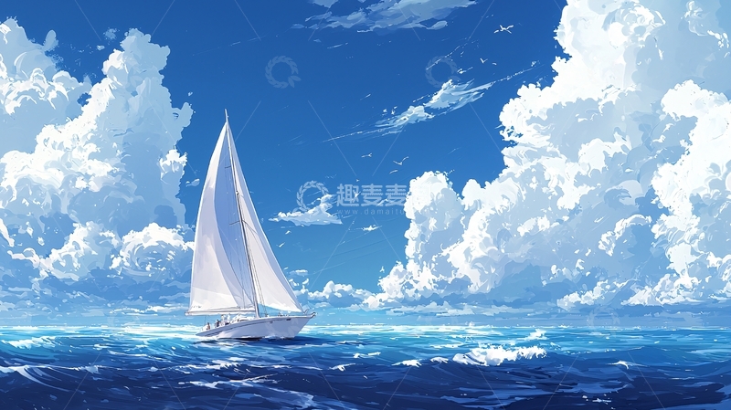 高清大图下载【趣麦麦图】帆船在蓝天白云下的海洋