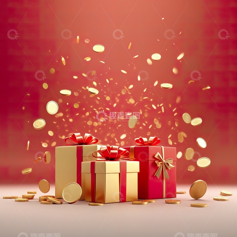 高清大图下载【趣麦麦图】红色礼盒与撒落的金币2