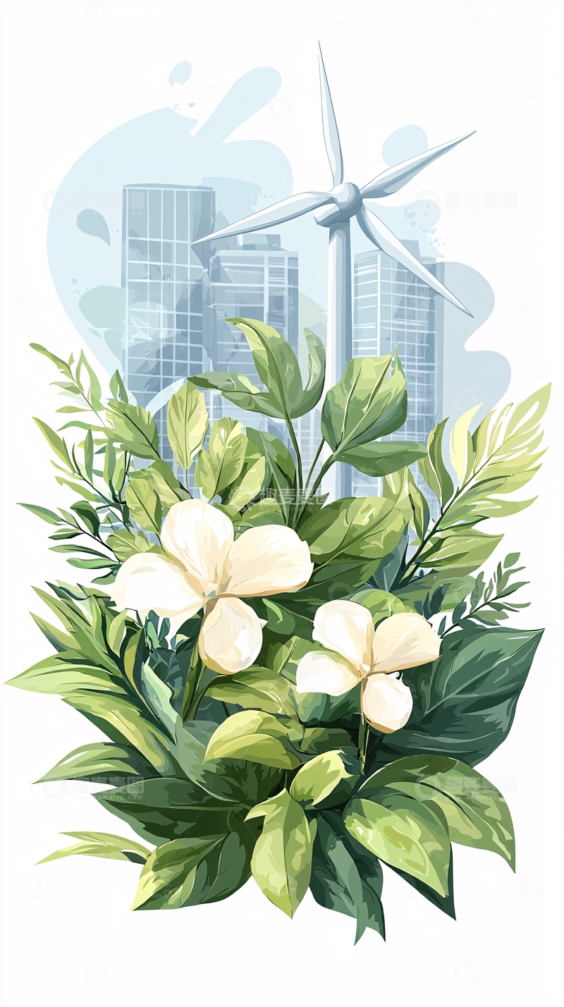 高清大图下载【趣麦麦图】绿色植物与风力发电站