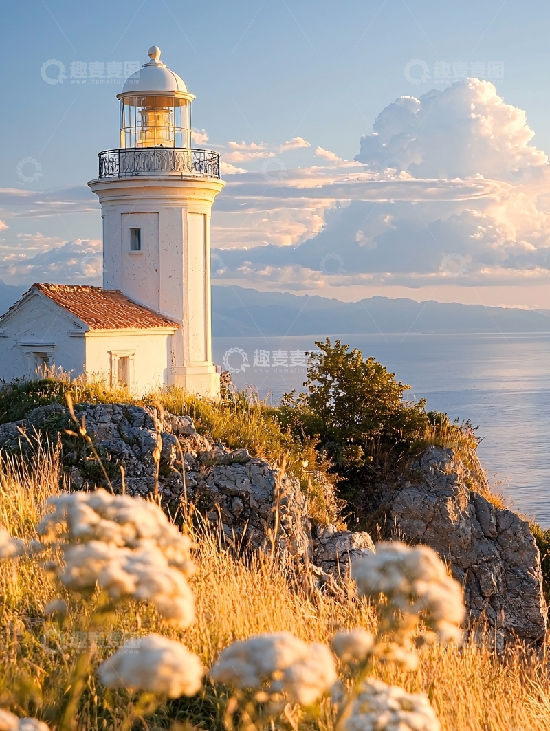高清大图下载【趣麦麦图】海边灯塔与野花美景