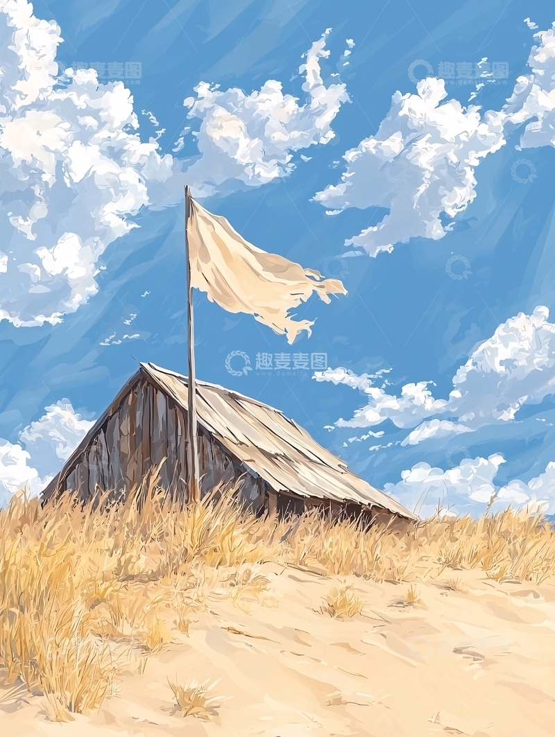 高清大图下载【趣麦麦图】风中飘扬的旗帜与破旧小屋