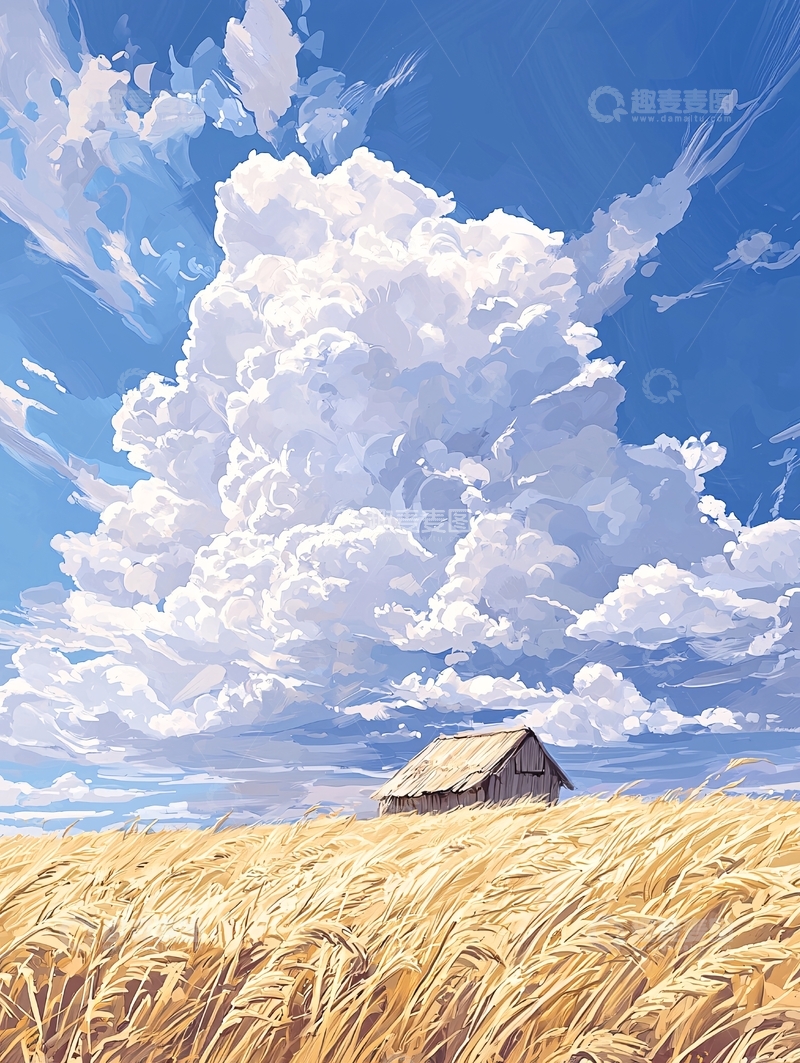 高清大图下载【趣麦麦图】金色麦田中的小屋