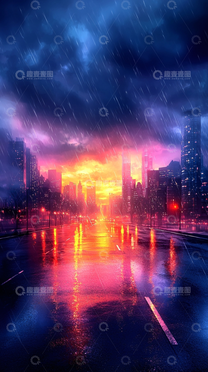 高清大图下载【趣麦麦图】雨夜霓虹城市街景