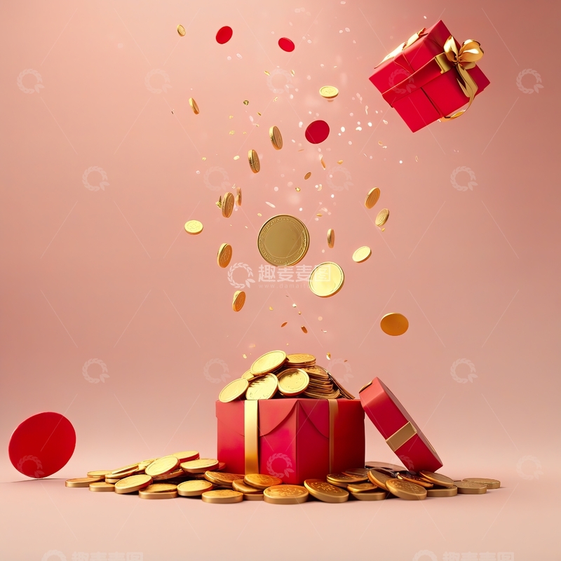 高清大图下载【趣麦麦图】红色礼盒与撒落的金币6