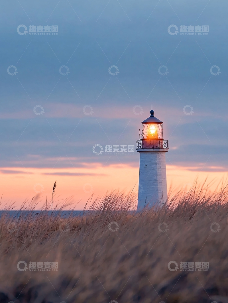 高清大图下载【趣麦麦图】夕阳下的灯塔