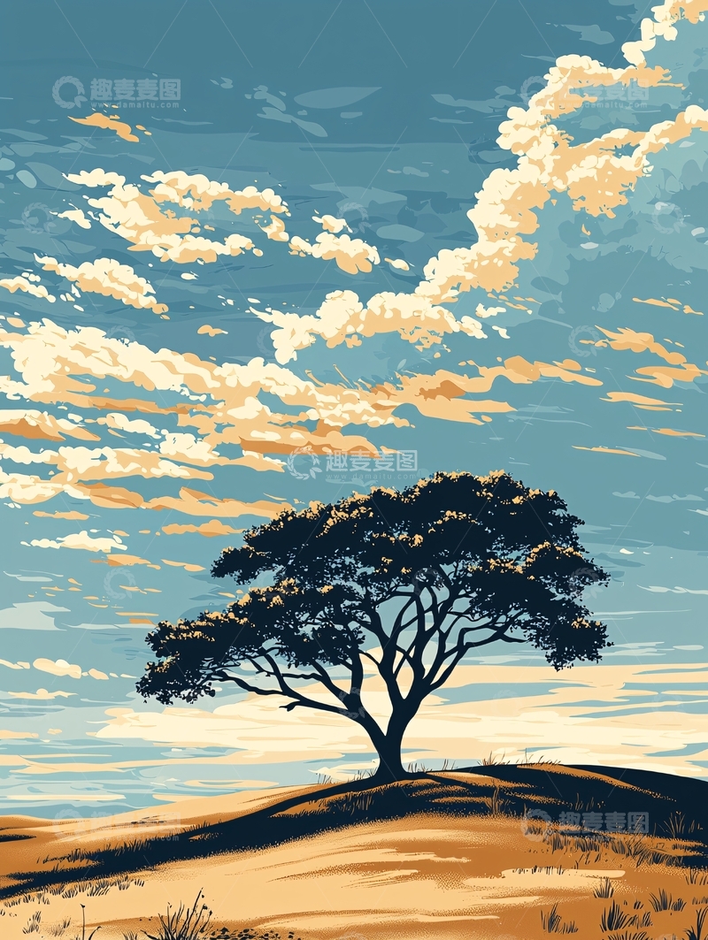 高清大图下载【趣麦麦图】沙漠孤树夕阳图