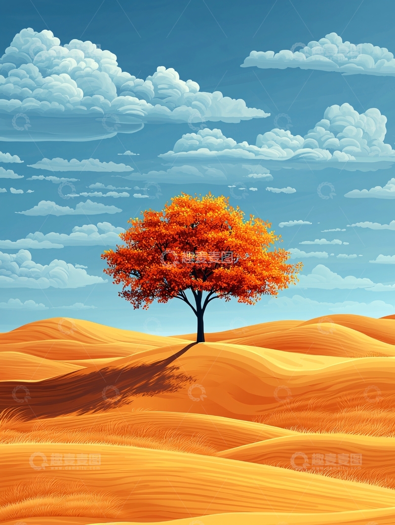 高清大图下载【趣麦麦图】秋日沙漠中的孤树