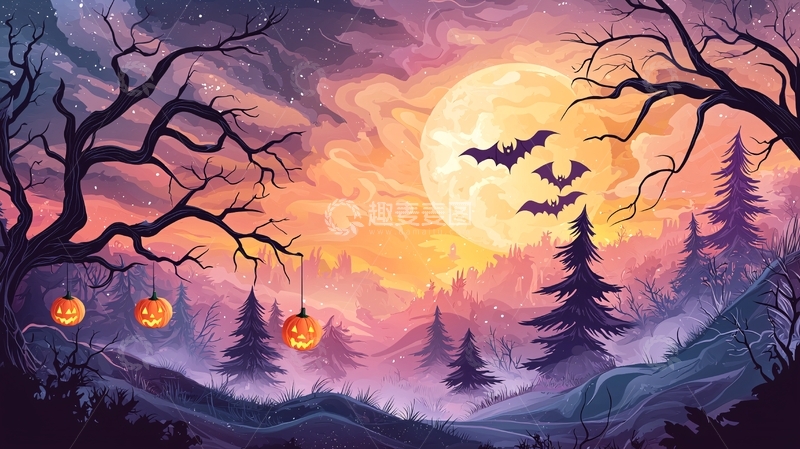 高清大图下载【趣麦麦图】万圣节月夜下的森林