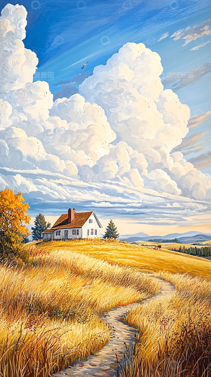 高清大图下载【趣麦麦图】秋日田园小屋风景画