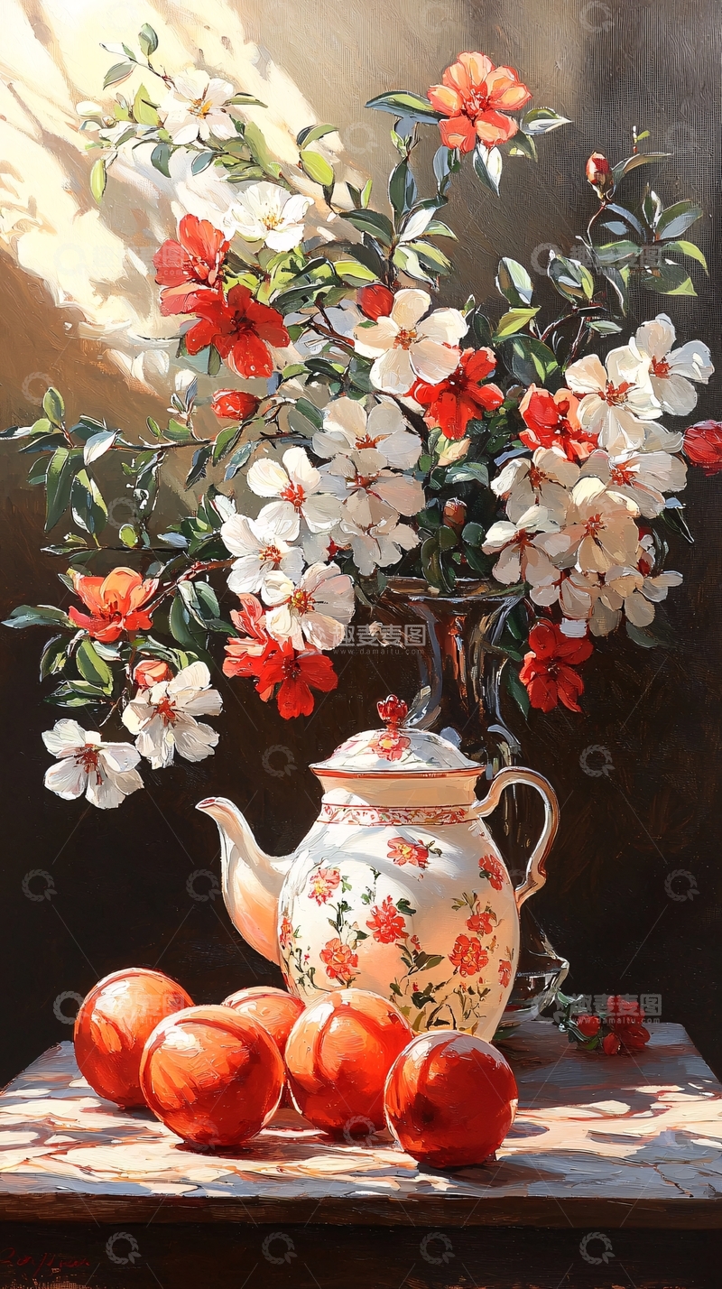 高清大图下载【趣麦麦图】花瓶与苹果静物画