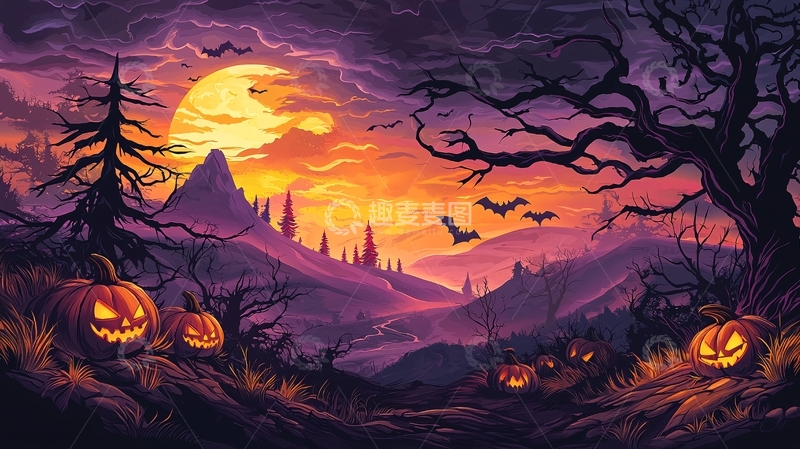 高清大图下载【趣麦麦图】万圣节南瓜月夜场景