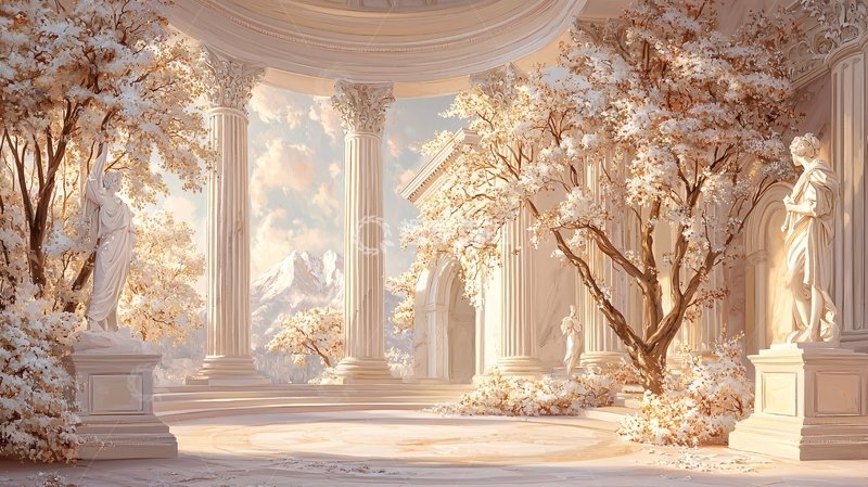 高清大图下载【趣麦麦图】古典庭院雕塑与树木