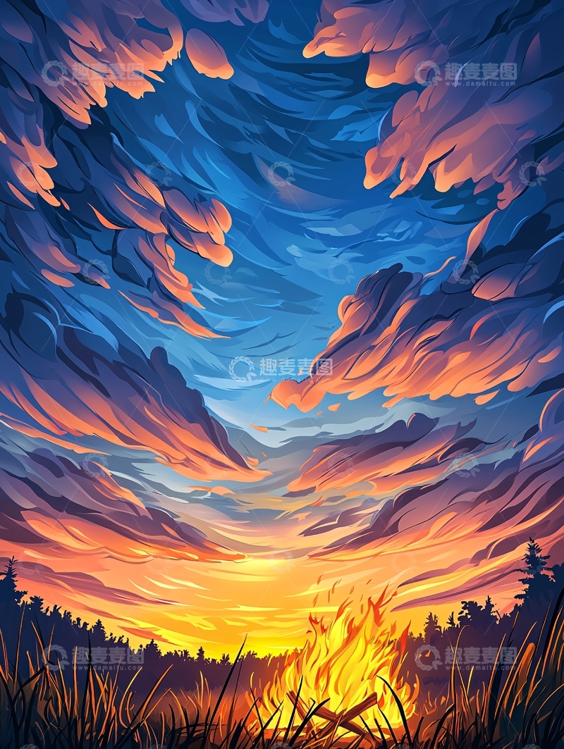 高清大图下载【趣麦麦图】天空云彩篝火燃烧的唯美画面